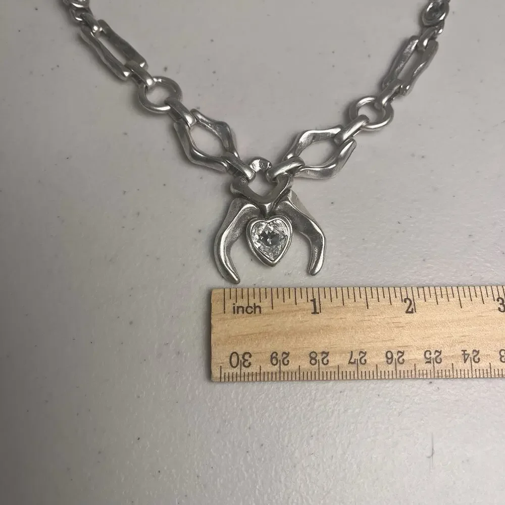 Silver Tone Heart Pendant Necklace Chunky Chain Bracelet Set Statement Bold Y2K